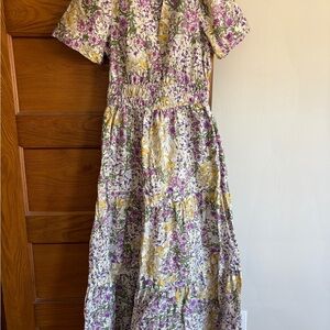 Anthropologie Viral Somerset Floral Dress in Cream, Purple, Yellow, and Green